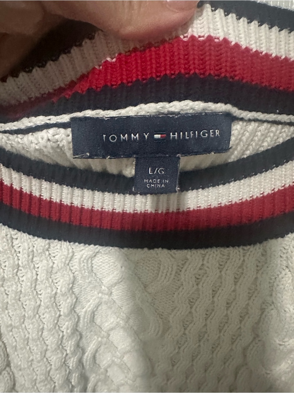 Tommy Hilfiger Cream Cable-Knit Sweater with Navy & Red Stripe Accents - Picture 3 of 5
